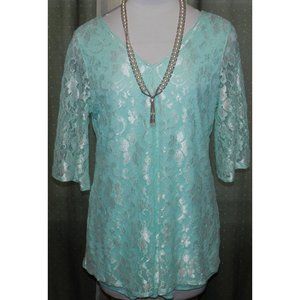 Ladies size M / L Voel aqua lace stretch top lined sheer sleeves Lovely